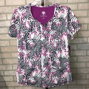 Healing Hands Purple Label Two Button Jewel Neck purple patterned scrub top